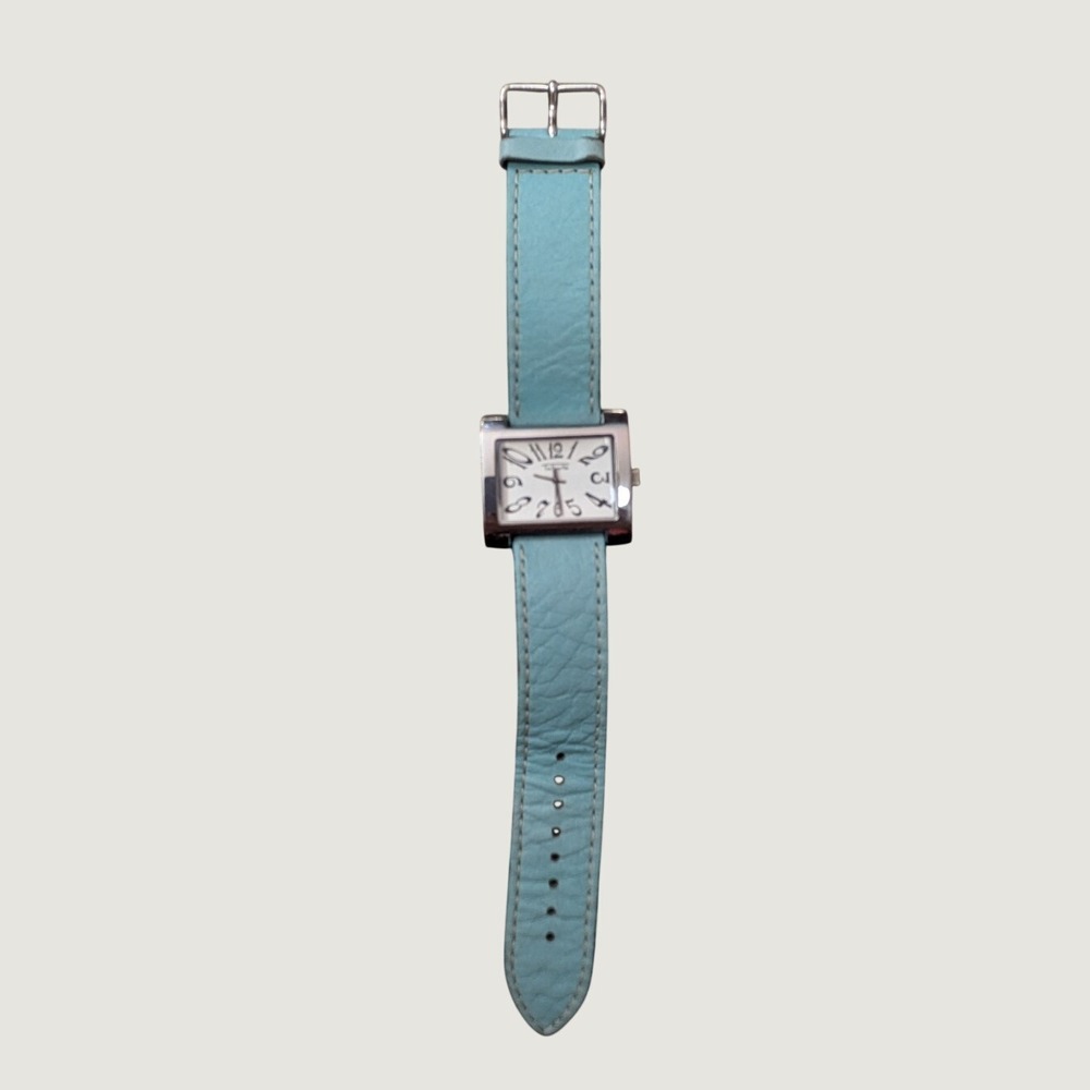 Talbots Womens Rectangle Face Watch Light Blue Leather Strap Silver Tone Analog